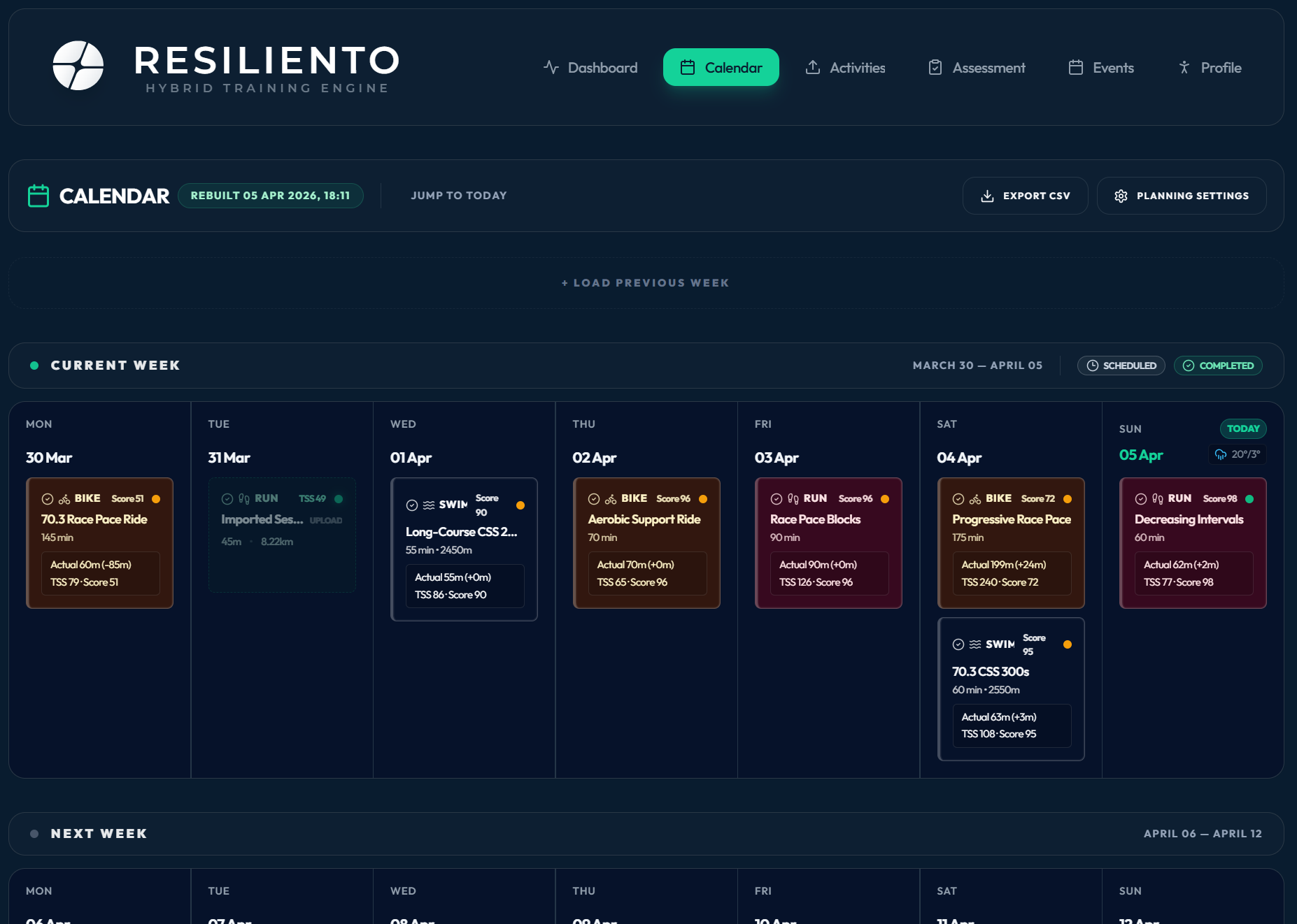 Adaptive tactical calendar showing dynamic rescheduling of a missed training session.